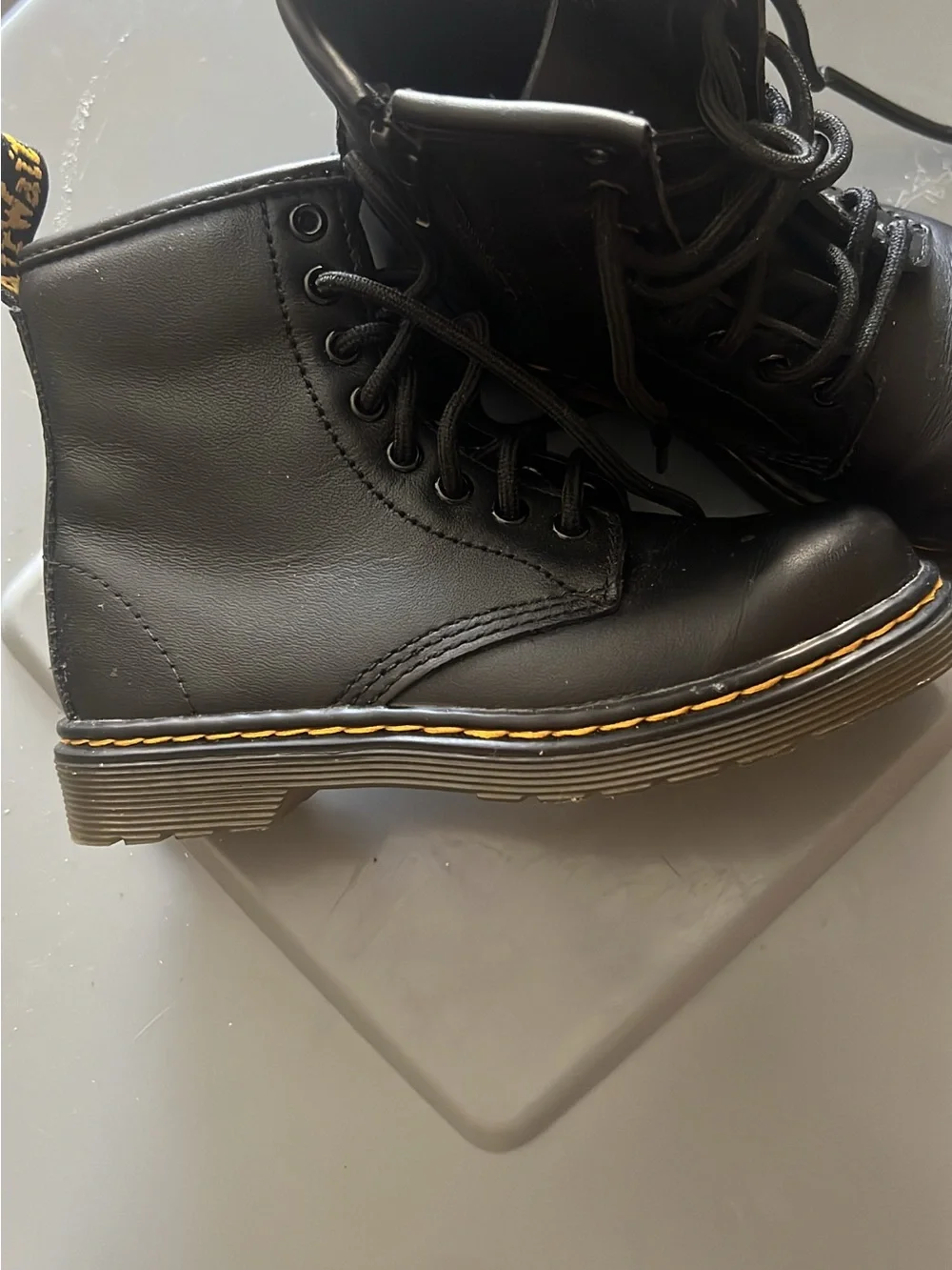 Dr. Martens Junior 1460 Black Leather Lace-Up Boots with Yellow Stitching